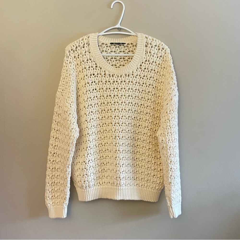 Denver Hayes Cream Open-Knit Drop Shoulder Crewneck Sweater โ Large Like New - Picture 2 of 16